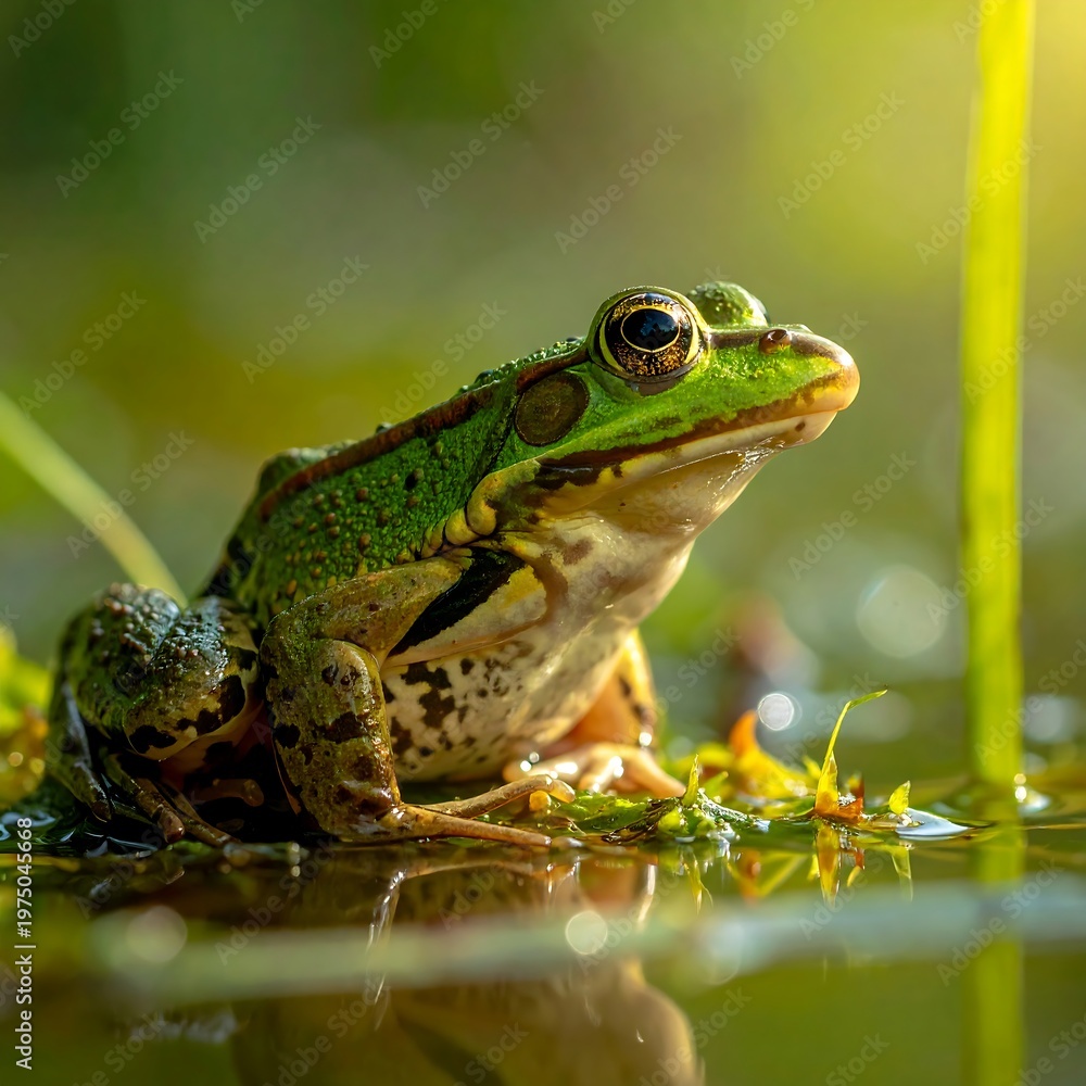 Fototapeta premium A vibrant, close-up captures a green frog perched near the water's edge, bathed in sunlight with a blurred background