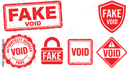 Red Grunge Fake and Void Rubber Stamp Collection Set for Authentication Revoked Document Validation Security Warning and Fraudulent Certificate Marking