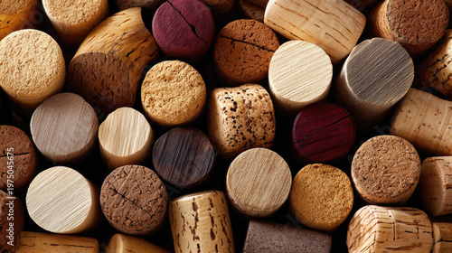 Wine corks textured background showing a varied collection of natural stoppers with wood tones and wine stained hues, ideal for celebration, recycling and rustic design themes