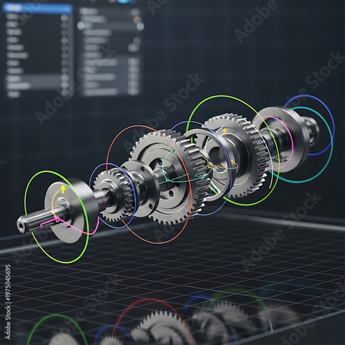 Engineering designer design 3D CAD software program Industrial engine model mechanical dimensional digital manufacturing factory engineer computer screen