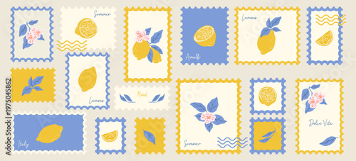 Set of lemons postage stamps. Vacation in Italy. Vector retro frame border element design. Vector trendy illustration.