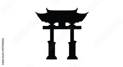A striking black torii gate design against a white background silhouette