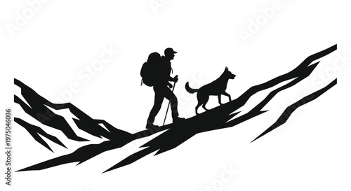 Hiker and dog ascend a mountain range a striking silhouette