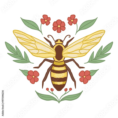 Bee with flowers and leaves