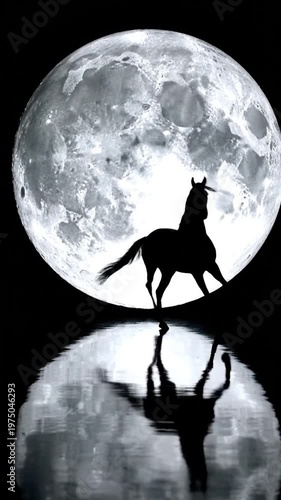 A majestic horse silhouette stands against a large glowing full moon with a clear reflection on the dark water surface below