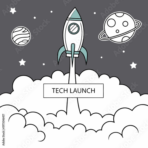 A rocket ship blasts off into the sky