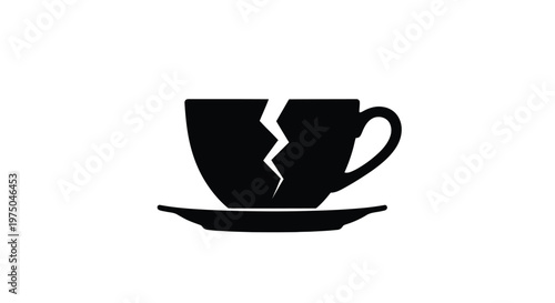 Broken teacup and saucer depicted in a stark black silhouette