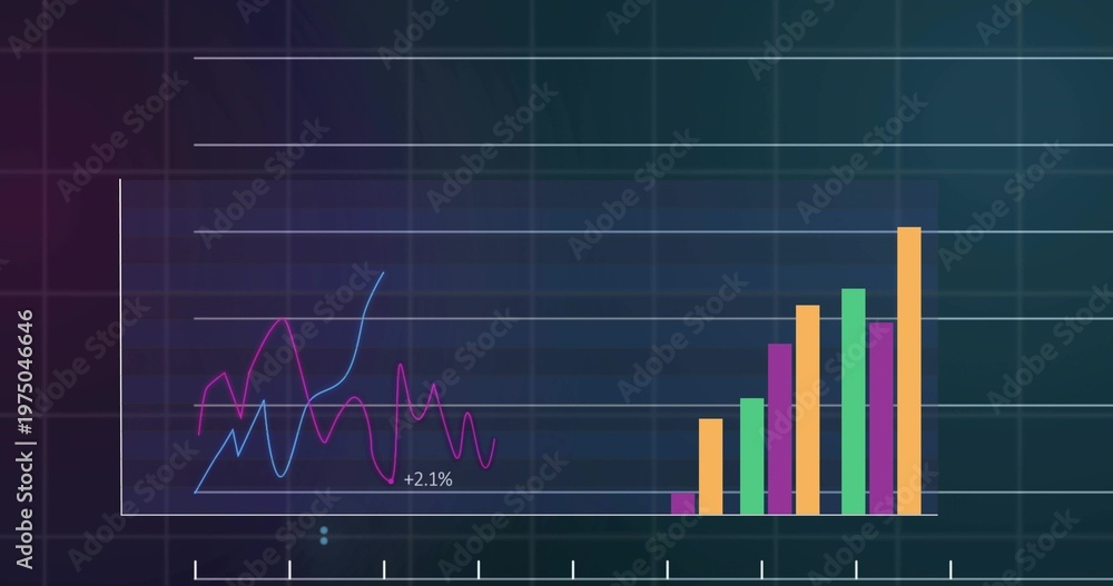Fototapeta premium Displaying rectangular chart center screen, showing blue magenta lines, grouped colored bars, +2