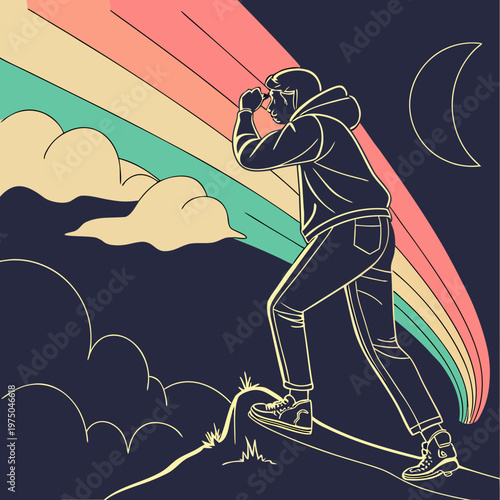 Astronaut standing on a hill with a surfboard