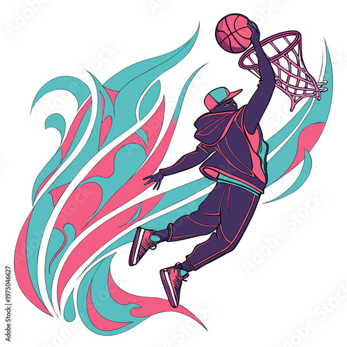A basketball player in mid-air dunking a ball