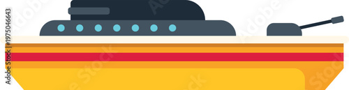 Armored warship, military boat vessel, navigating on waterway