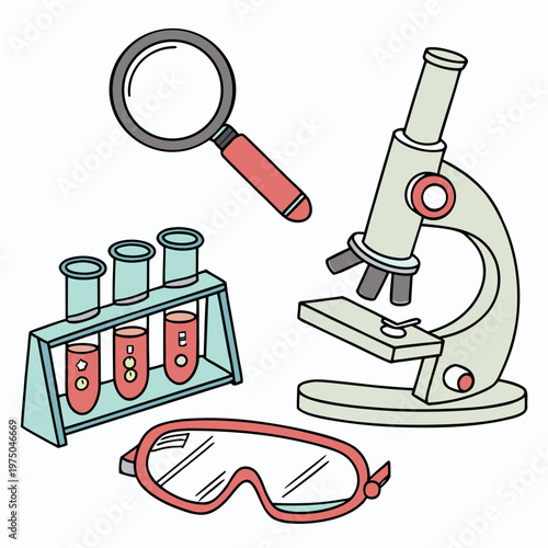 A microscope, test tubes, goggles and a magnifying glass for science experiments