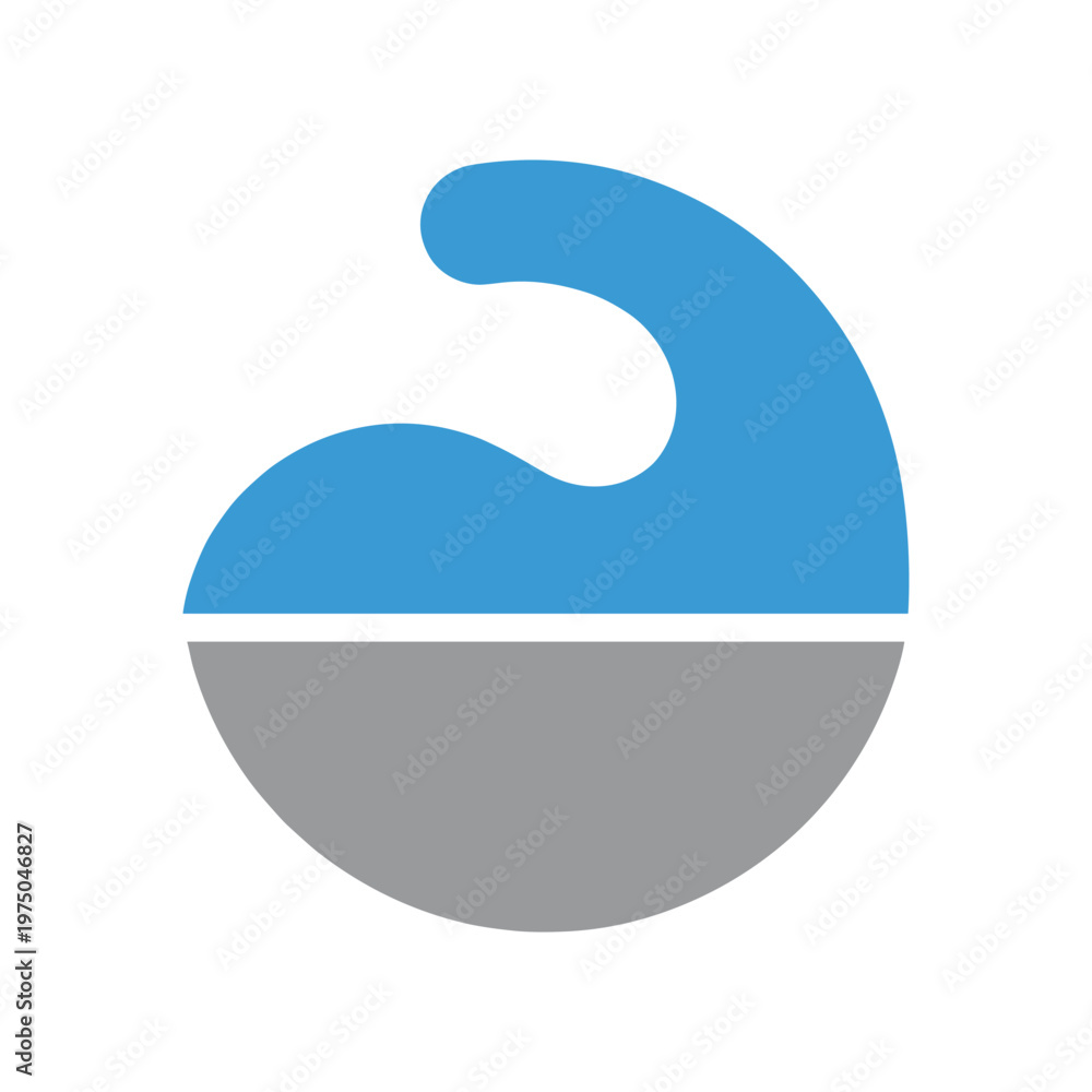 Fototapeta premium Abstract and simple geometric logo design featuring a blue wave-like shape gracefully positioned above a solid gray semi-circle, creating balance and contrast.