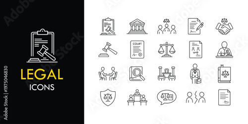 Legal line icon set, outline web icon collection containing Lawyer, Justice, Court and more, vector illustration in line style