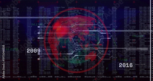 Displaying stylized red globe with segmented ring and lines on dark dashboard, showing 2009 2016