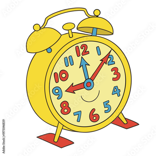 A yellow cartoon alarm clock with a smiley face