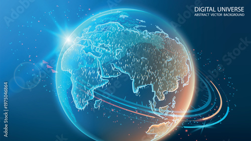 Dark blue vector background. Planet Earth. Abstract technological rings in the orbit of the planet. Global communication system and communication satellites. Religious image. The effect of movement.