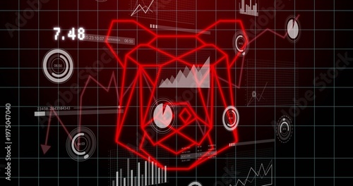 Displaying red glowing wireframe cube pulsing on dark grid dashboard, with gauges, readouts