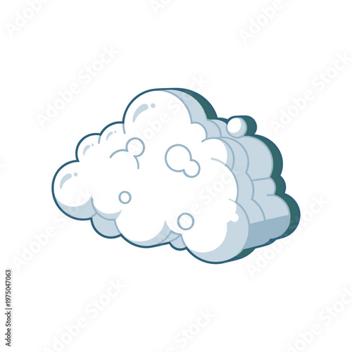 Cartoon fluffy white cloud with soft blue shadow and outline detailed cute illustration representing weather or atmosphere concept clean simple graphic on white background.