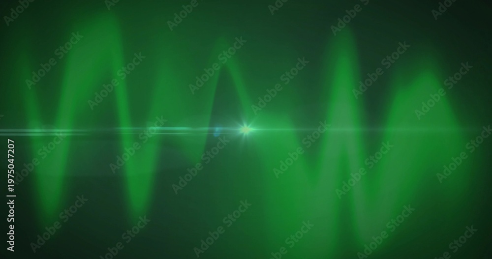 Fototapeta premium Glowing neon-green waveform pulsing across dark backdrop, with central white-green starburst flare