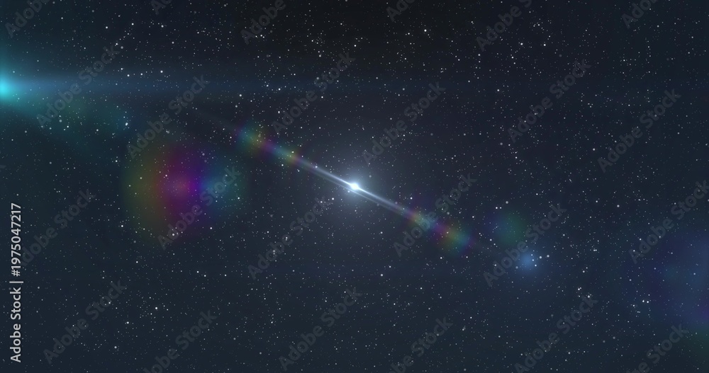 Naklejka premium Cutting meteor with core streaking across open night sky, with rainbow halos, lens flares and stars