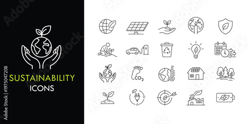 Sustainability line icon set, outline web icon collection containing Leaf, Earth, Recycling and more, vector illustration in line style