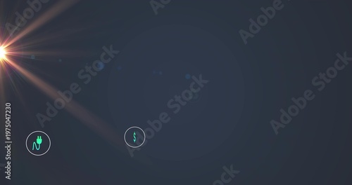 Displaying two teal icons with plug and dollar signs on dark gradient canvas, starburst, copy space