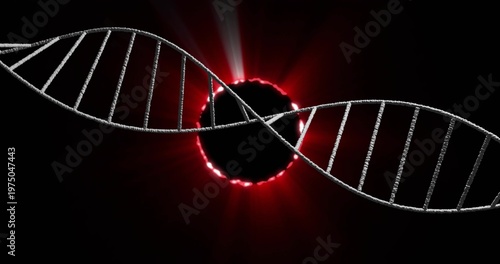 Crossing silver DNA helix running across dark space, showing black disc with red corona rays