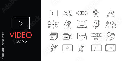 Video line icon set, outline web icon collection containing Camera, Play, Streaming and more, vector illustration in line style