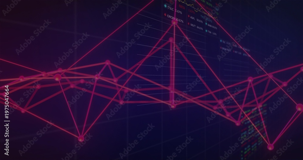 Fototapeta premium Flowing magenta wireframe forming peaks and troughs on grid dashboard, showing glowing nodes