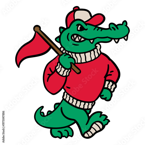 Crocodile wearing a sweater and holding a flag