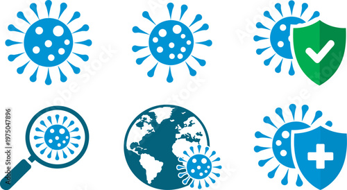 Virus protection icon set, blue vector symbols line and glyph solid styles healthcare health safety website icons