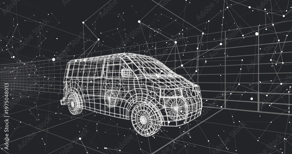 Obraz premium Displaying white wireframe passenger van sitting in virtual 3D space, with grid plane