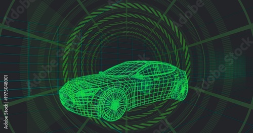 Rotating neon-green wireframe car model revealing wheel spokes inside CAD tunnel, with grid guides