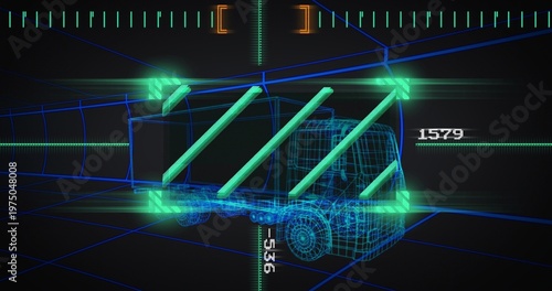 Displaying neon-blue wireframe semi-truck model rotating inside HUD, with green diagonal bars