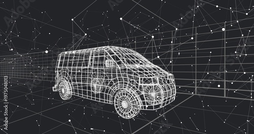 Displaying white wireframe passenger van sitting in virtual 3D space, with grid plane