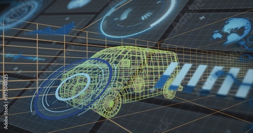 Rotating neon wireframe car model displaying sensor rings in virtual lab, with HUD panels