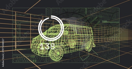 Rendering neon-green wireframe van model rotating in virtual CAD workspace, with HUD 138, grids