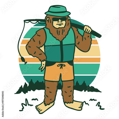 Bear in a hat and sunglasses holding a fishing rod