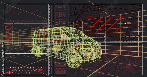 Displaying neon lime yellow wireframe van occupying center of virtual 3D studio, with HUD panels