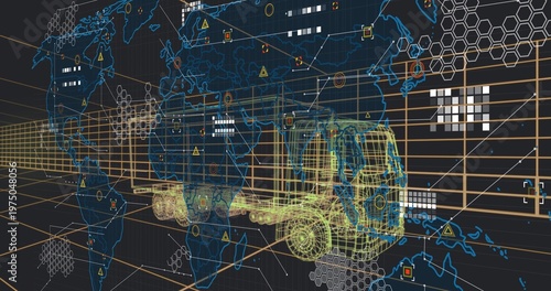 Rendering yellow-green wireframe semi-truck and trailer moving on virtual map with gridlines, nodes