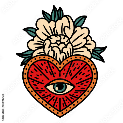 All seeing eye in a heart with a flower