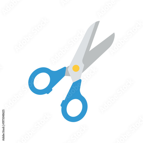 Pair of open blue scissors with a yellow pivot point for cutting paper or fabric, isolated on a clean white background, simple vector illustration.