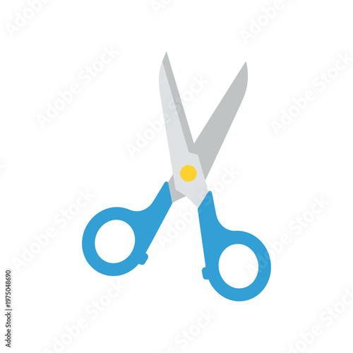 Vibrant illustration of blue-handled scissors with open blades and a yellow pivot point, ideal for craft, office, or school related projects.
