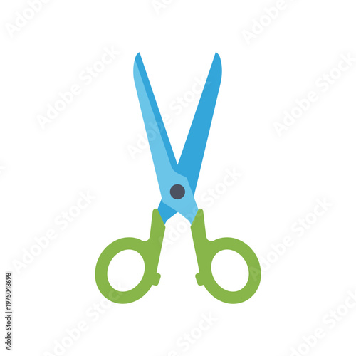 Illustration of green-handled scissors with open blue blades, a basic yet indispensable tool for art projects, office tasks, and home use.