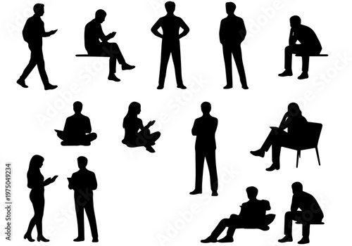 Black silhouettes of people in various poses, set of 13 human figures in standing and sitting positions, diverse group of men and women vector icons for architectural visualization