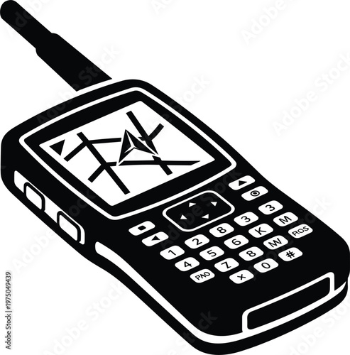 Handheld GPS navigator silhouette with antenna and keypad for outdoor and tracking icon design