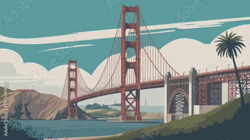 San Francisco bridge vintage travel poster, vector graphic scenic bay waters city hills nostalgic retro illustration
