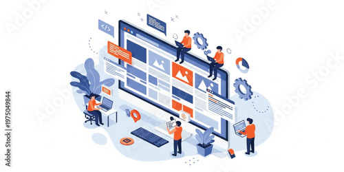 Web Development and Website Design Concept Illustration with Team Coding, UI Interface Creation, Programming Elements, and Digital Product Development Workflow for Technology Projects