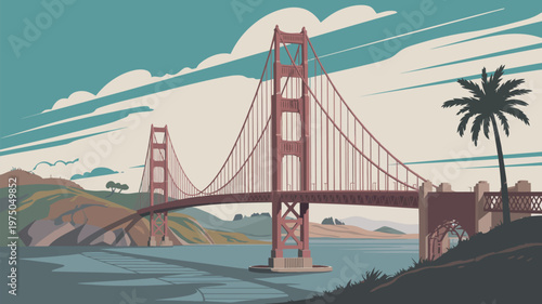 San Francisco bridge vintage travel poster, vector graphic scenic bay waters city hills nostalgic retro illustration